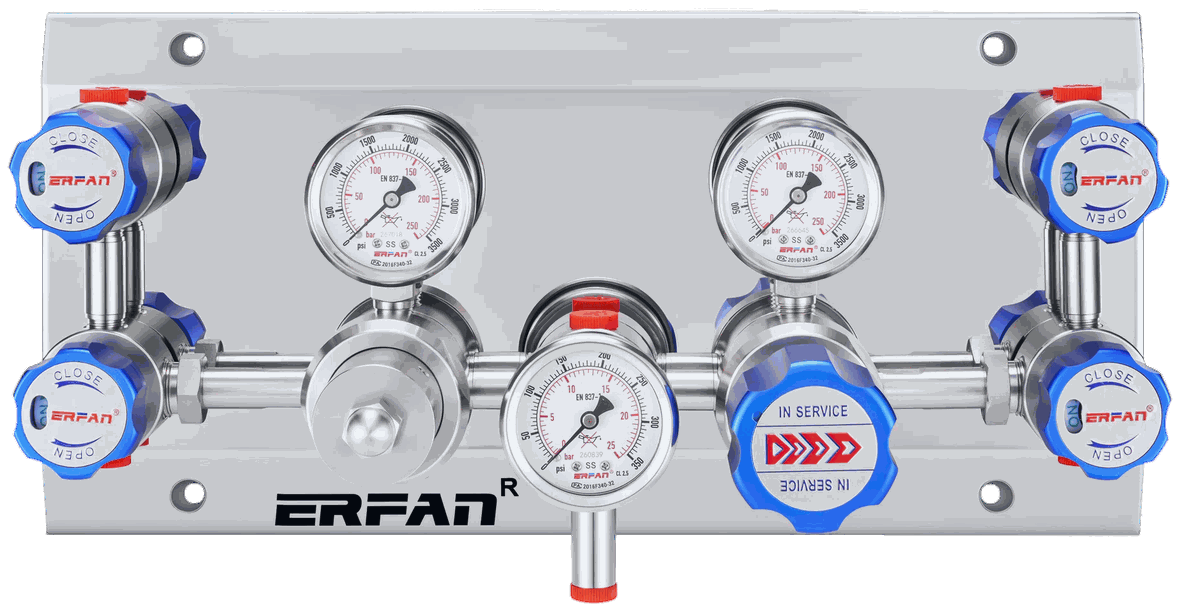 ERFAN FLUID bench-top two-stage pressure regulator, point-of-use device of a laboratory central gas supply system